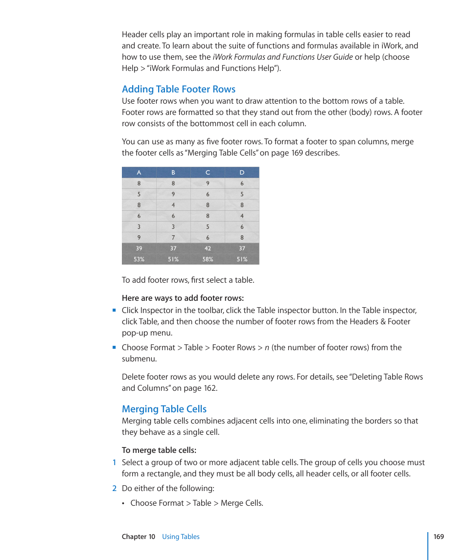 Adding table footer rows, Merging table cells | Apple Keynote '09 User Manual | Page 169 / 247