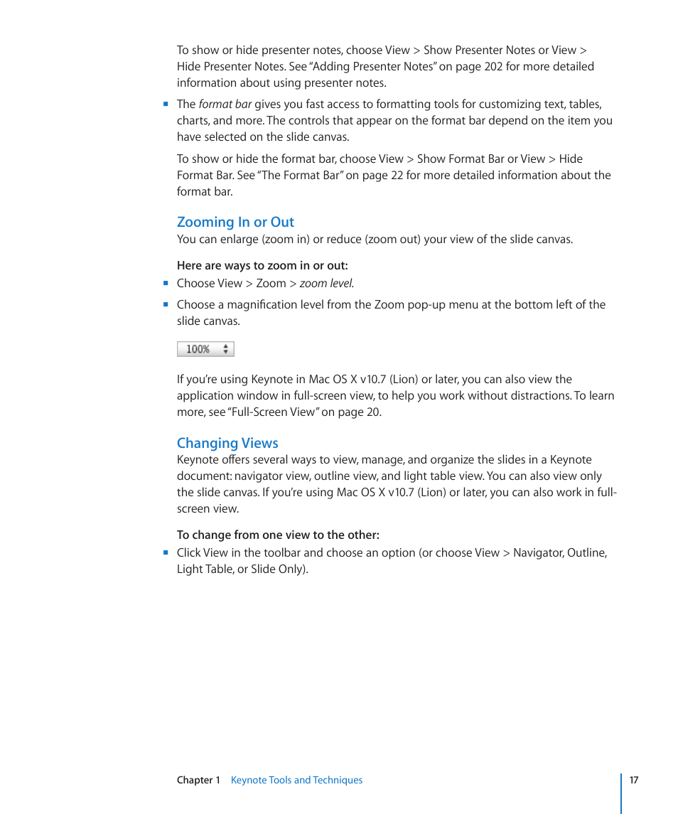 Zooming in or out, Changing views, 17 f | Apple Keynote '09 User Manual | Page 17 / 247