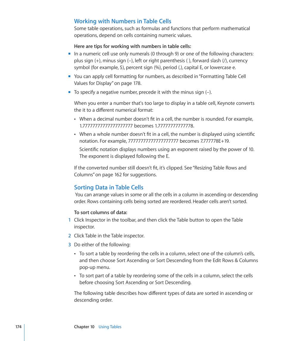 Working with numbers in table cells, Sorting data in table cells | Apple Keynote '09 User Manual | Page 174 / 247