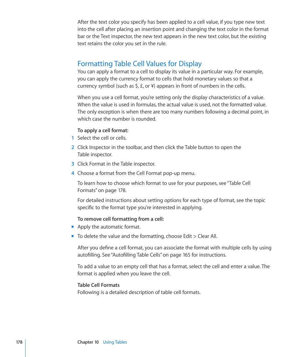 Formatting table cell values for display, 178 formatting table cell values for display, Formatting table cell | Values for display | Apple Keynote '09 User Manual | Page 178 / 247