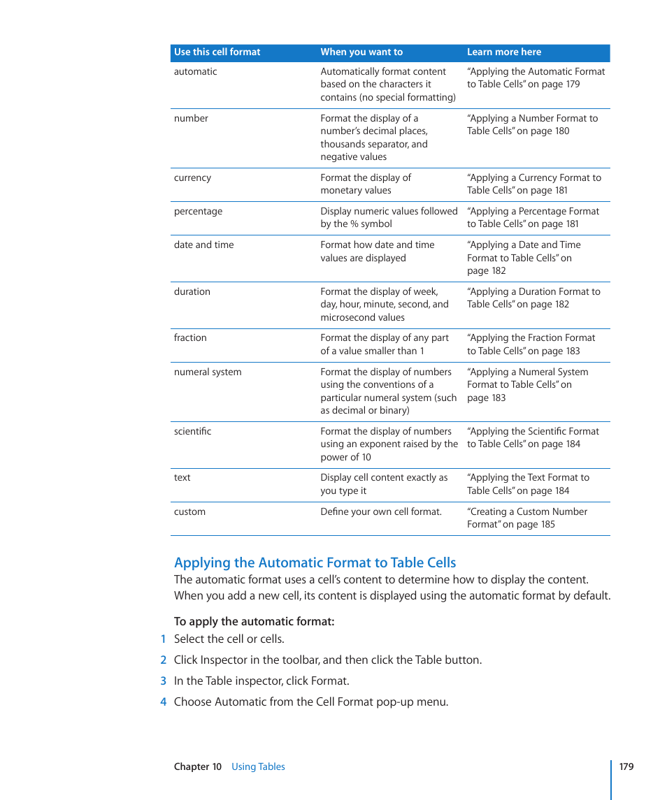 Applying the automatic format to table cells | Apple Keynote '09 User Manual | Page 179 / 247