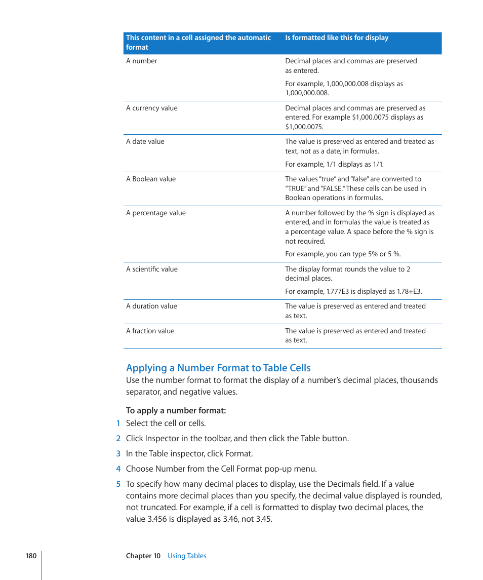 Applying a number format to table cells | Apple Keynote '09 User Manual | Page 180 / 247