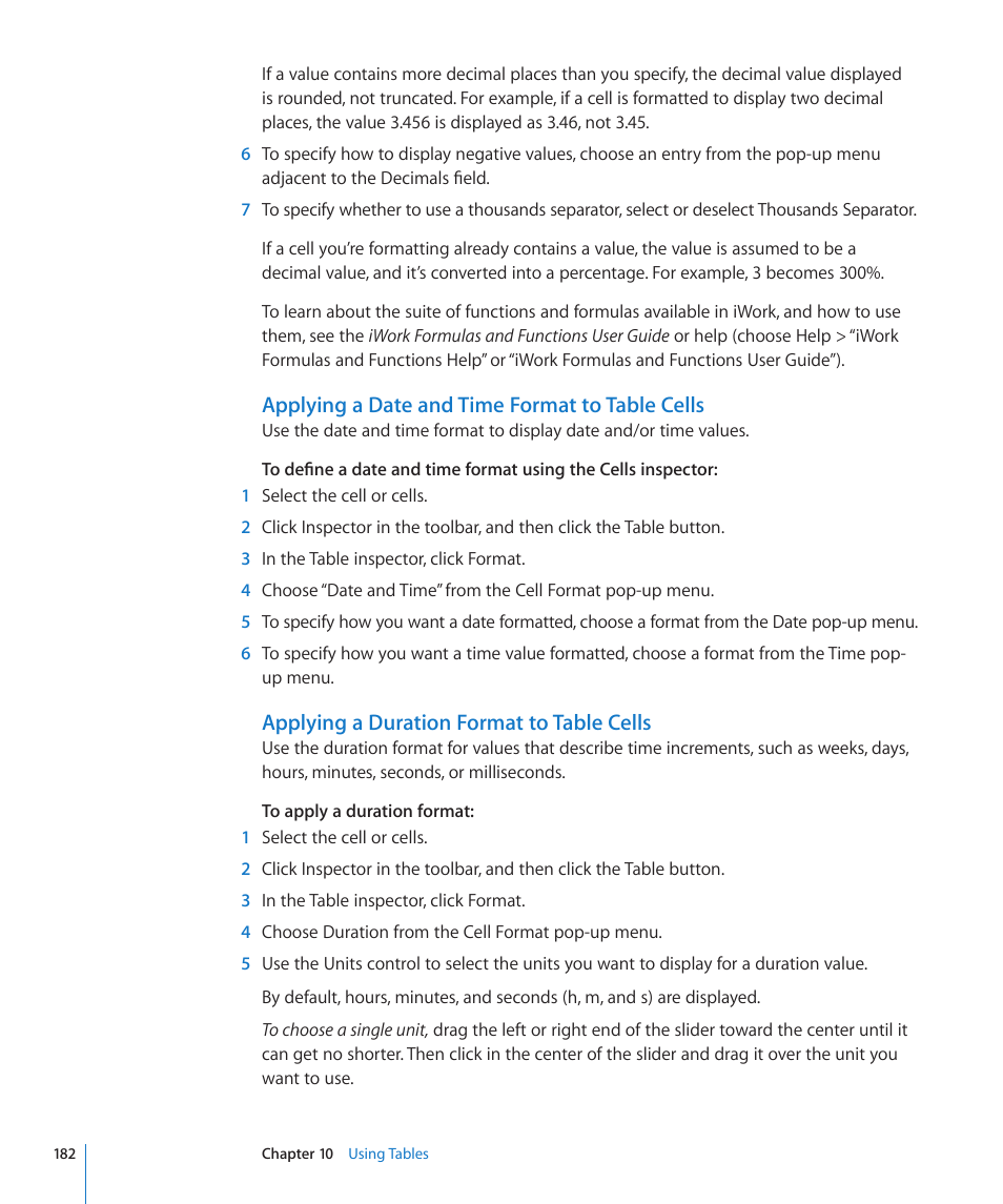 Applying a date and time format to table cells, Applying a duration format to table cells | Apple Keynote '09 User Manual | Page 182 / 247
