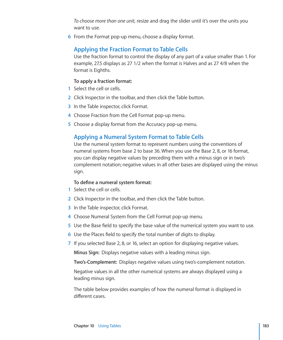 Applying the fraction format to table cells, Applying a numeral system format to table cells | Apple Keynote '09 User Manual | Page 183 / 247