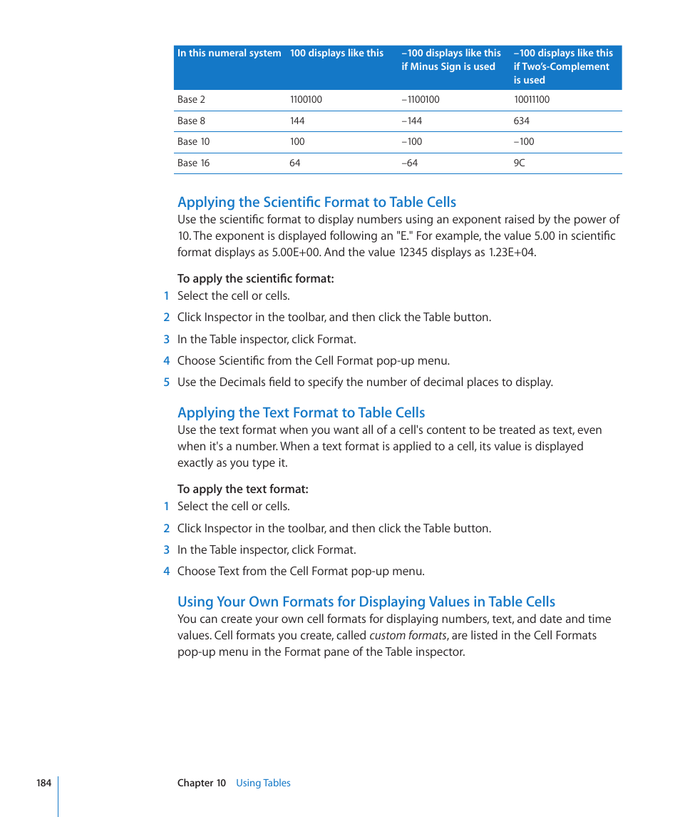 Applying the scientific format to table cells, Applying the text format to table cells, 184 f | Apple Keynote '09 User Manual | Page 184 / 247