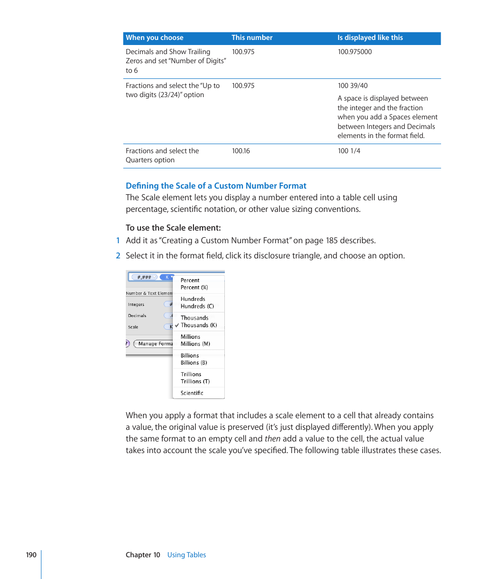 Defining the scale of a custom number format | Apple Keynote '09 User Manual | Page 190 / 247