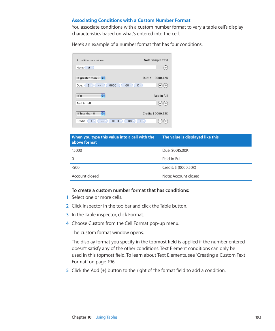 Associating conditions with a custom number format | Apple Keynote '09 User Manual | Page 193 / 247