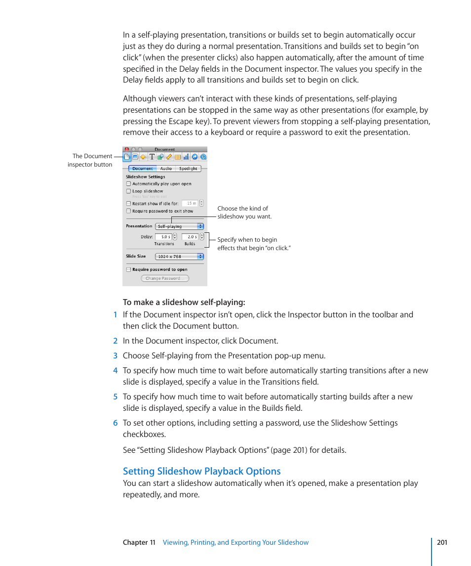 Setting slideshow playback options | Apple Keynote '09 User Manual | Page 201 / 247
