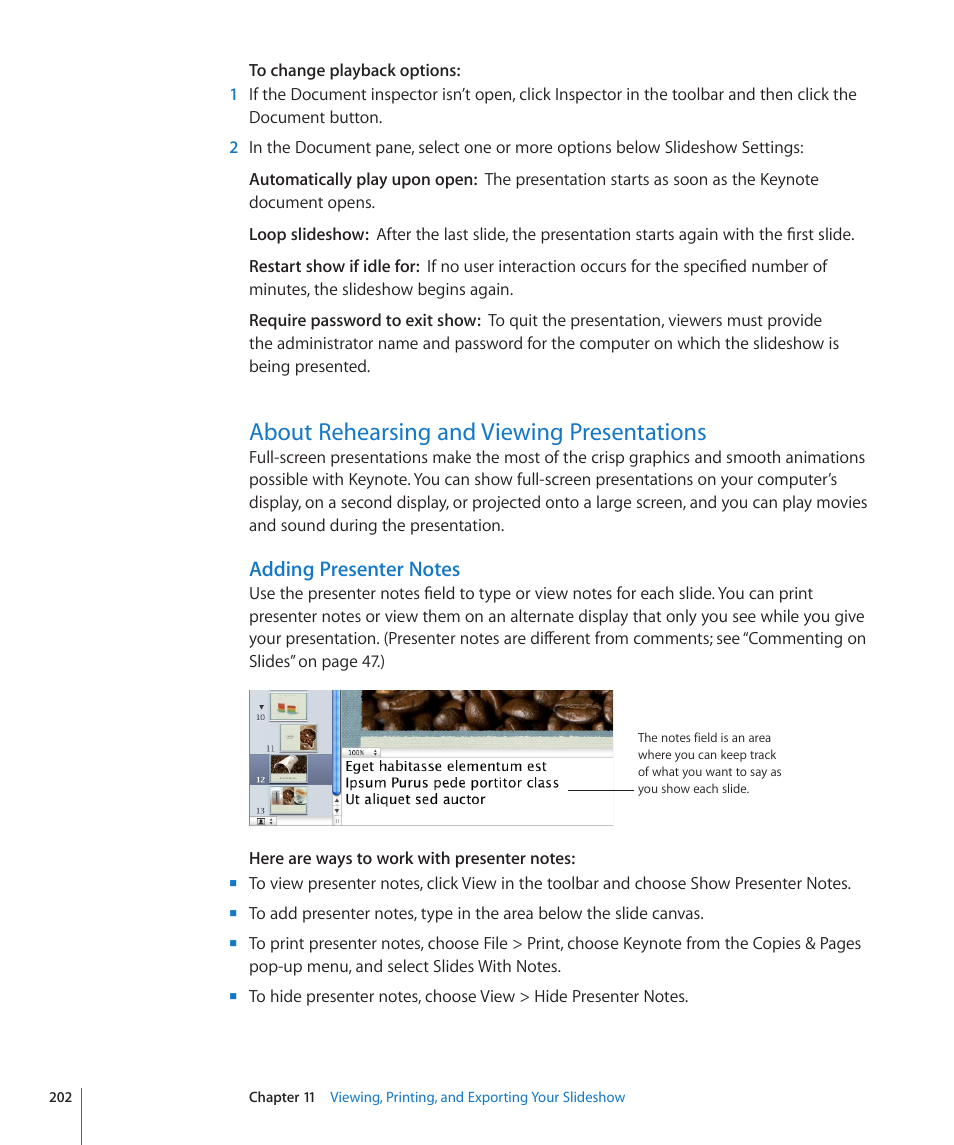 About rehearsing and viewing presentations, Adding presenter notes, 202 about rehearsing and viewing presentations 202 | 202 f | Apple Keynote '09 User Manual | Page 202 / 247