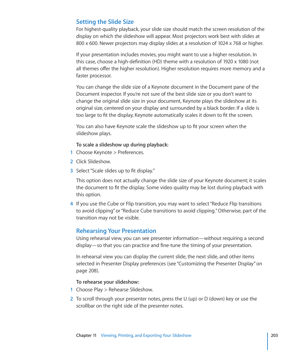 Setting the slide size, Rehearsing your presentation | Apple Keynote '09 User Manual | Page 203 / 247