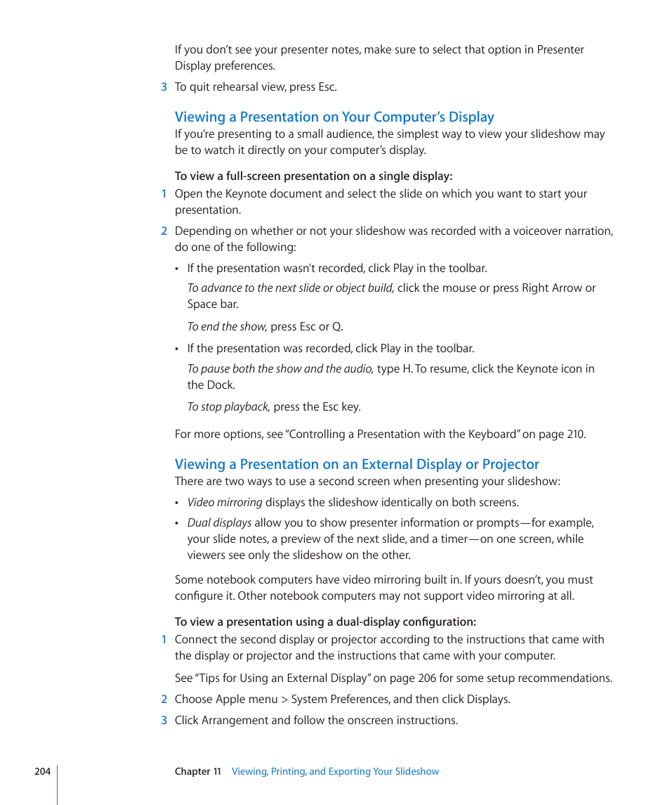 Viewing a presentation on your computer’s display | Apple Keynote '09 User Manual | Page 204 / 247