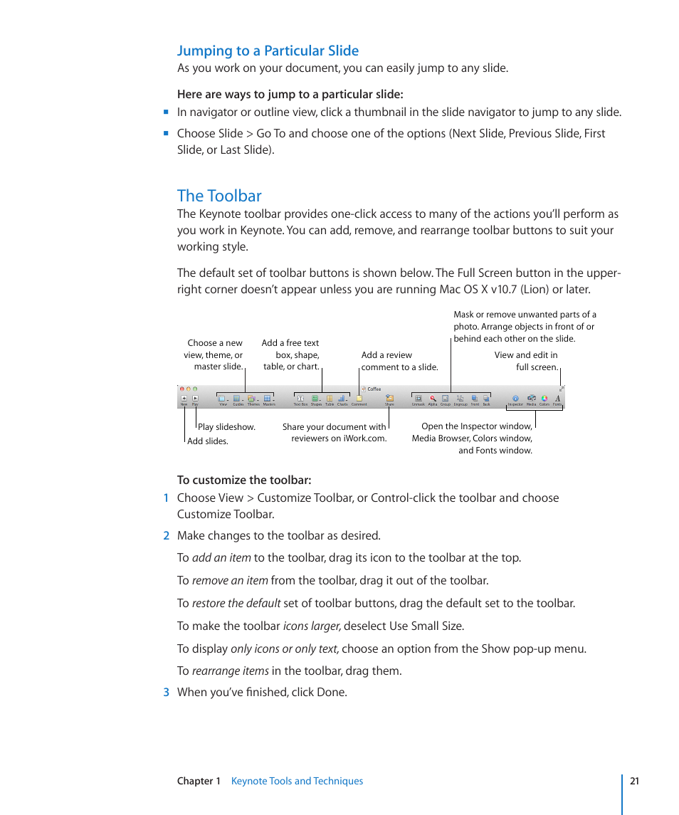 Jumping to a particular slide, The toolbar, 21 the toolbar | Apple Keynote '09 User Manual | Page 21 / 247