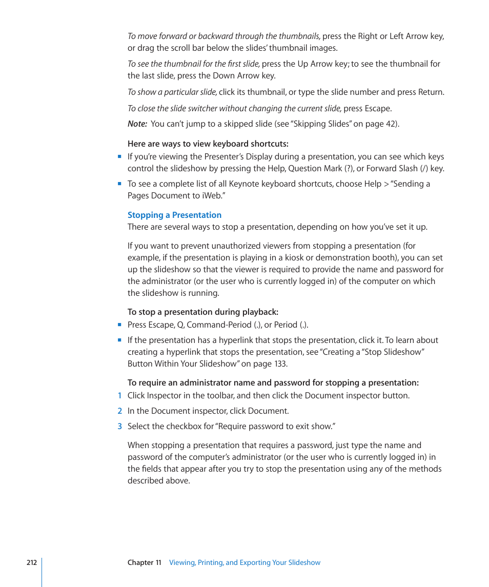 Stopping a presentation | Apple Keynote '09 User Manual | Page 212 / 247