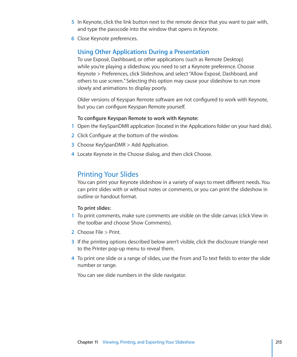 Using other applications during a presentation, Printing your slides, 215 printing your slides | Apple Keynote '09 User Manual | Page 215 / 247