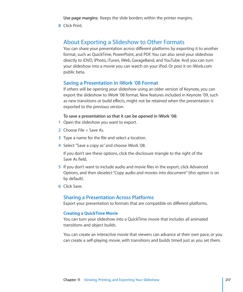 About exporting a slideshow to other formats, Saving a presentation in iwork ’08 format, Sharing a presentation across platforms | Apple Keynote '09 User Manual | Page 217 / 247