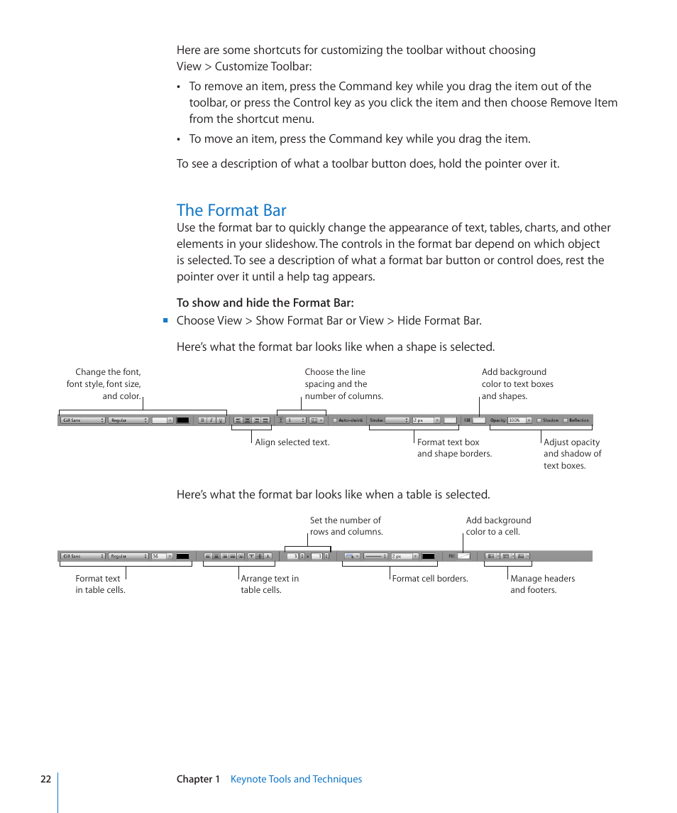 The format bar, 22 the format bar, 22 f | Apple Keynote '09 User Manual | Page 22 / 247