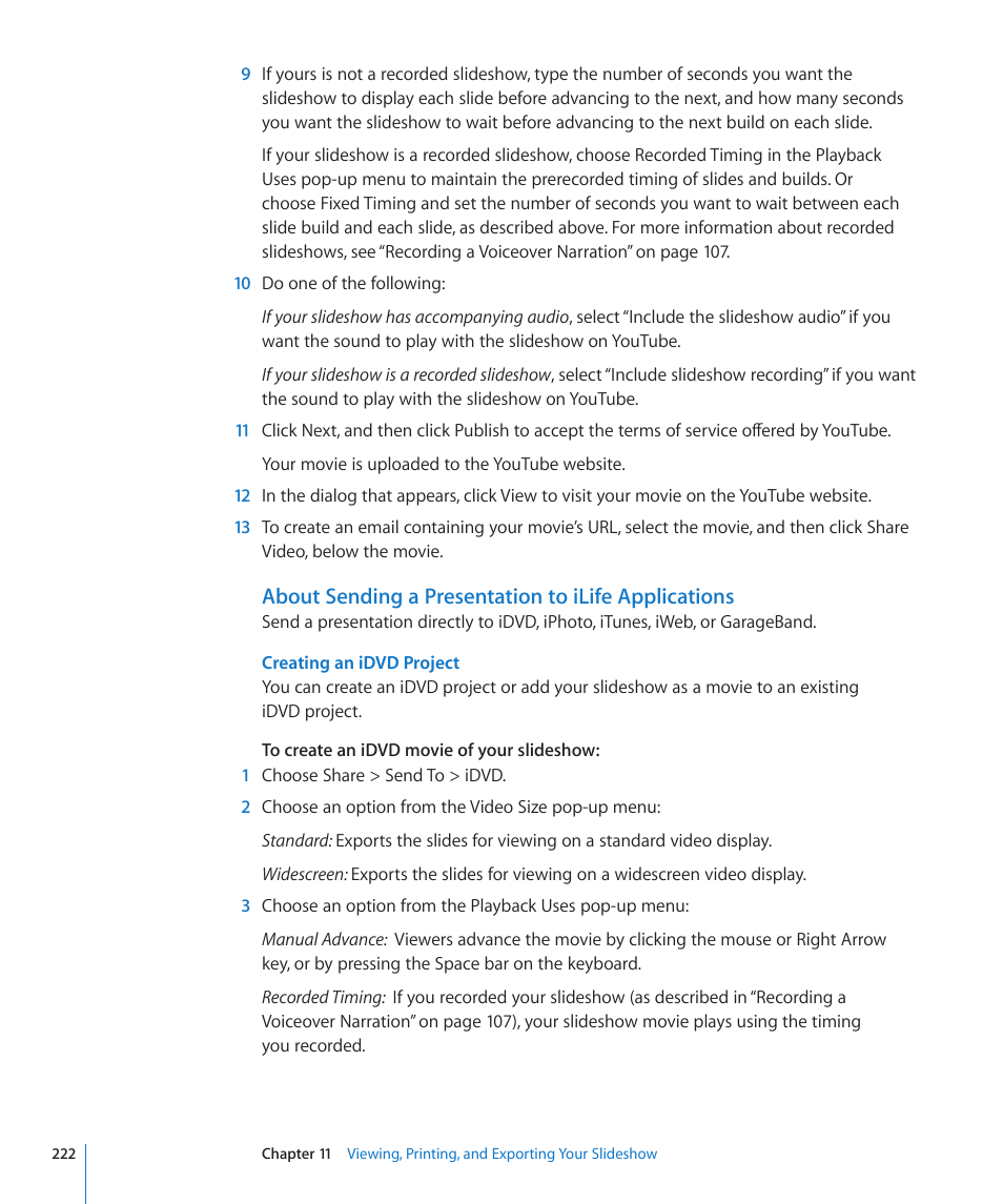 About sending a presentation to ilife applications | Apple Keynote '09 User Manual | Page 222 / 247