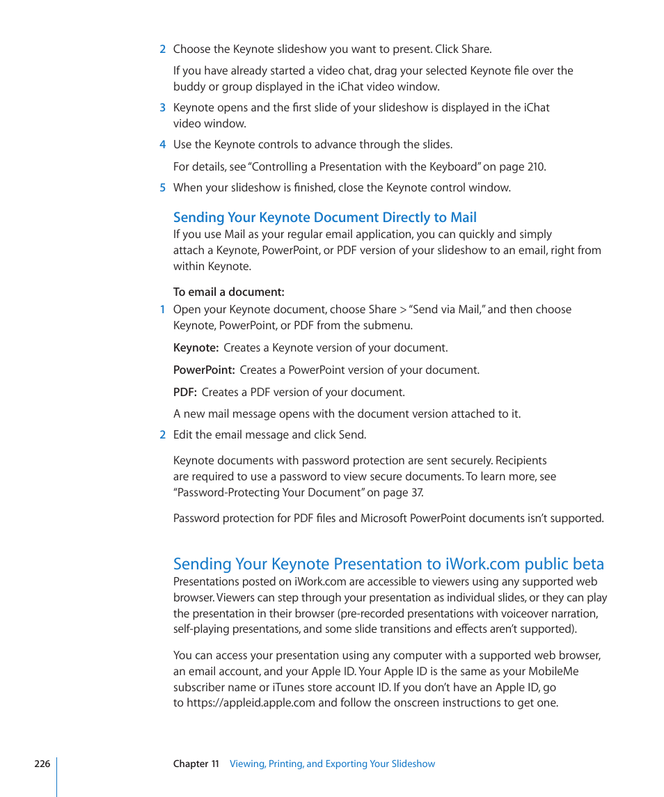 Sending your keynote document directly to mail | Apple Keynote '09 User Manual | Page 226 / 247