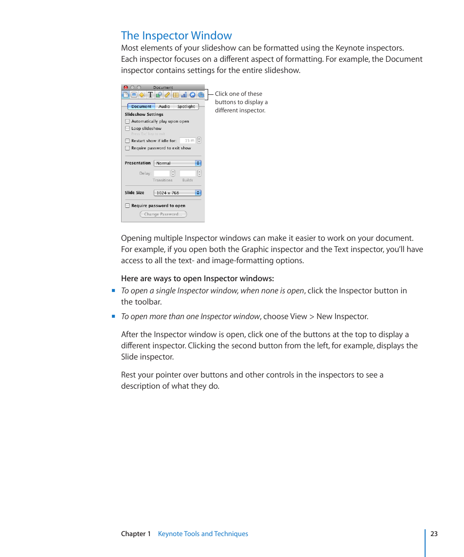 The inspector window, 23 the inspector window | Apple Keynote '09 User Manual | Page 23 / 247