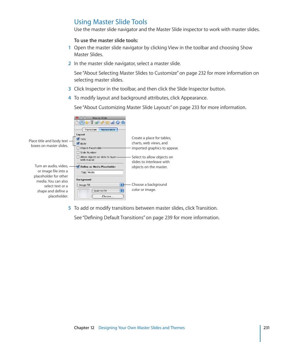 Using master slide tools, 231 using master slide tools | Apple Keynote '09 User Manual | Page 231 / 247