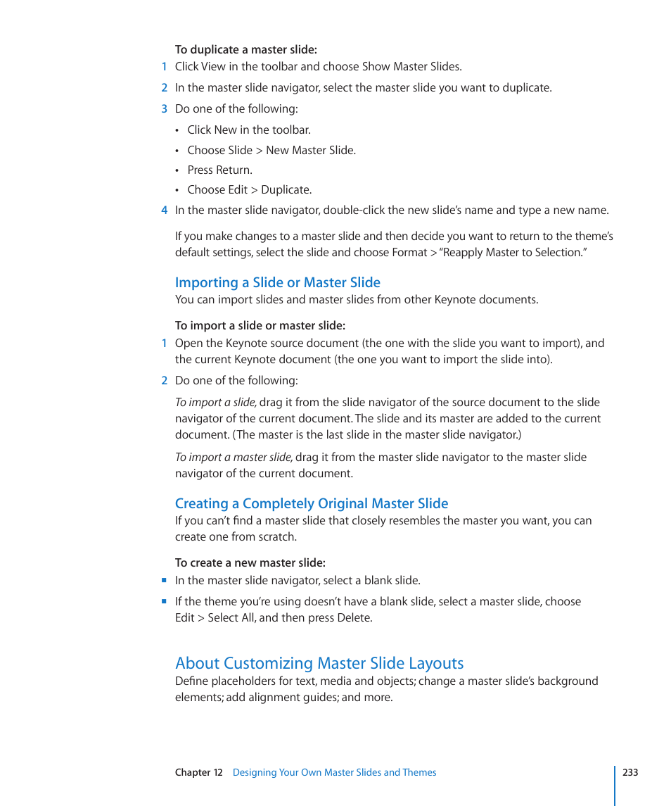 Importing a slide or master slide, Creating a completely original master slide, About customizing master slide layouts | 233 about customizing master slide layouts, 233 f | Apple Keynote '09 User Manual | Page 233 / 247