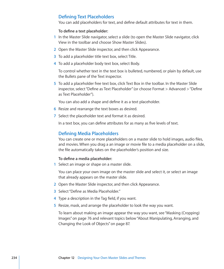 Defining text placeholders, Defining media placeholders | Apple Keynote '09 User Manual | Page 234 / 247