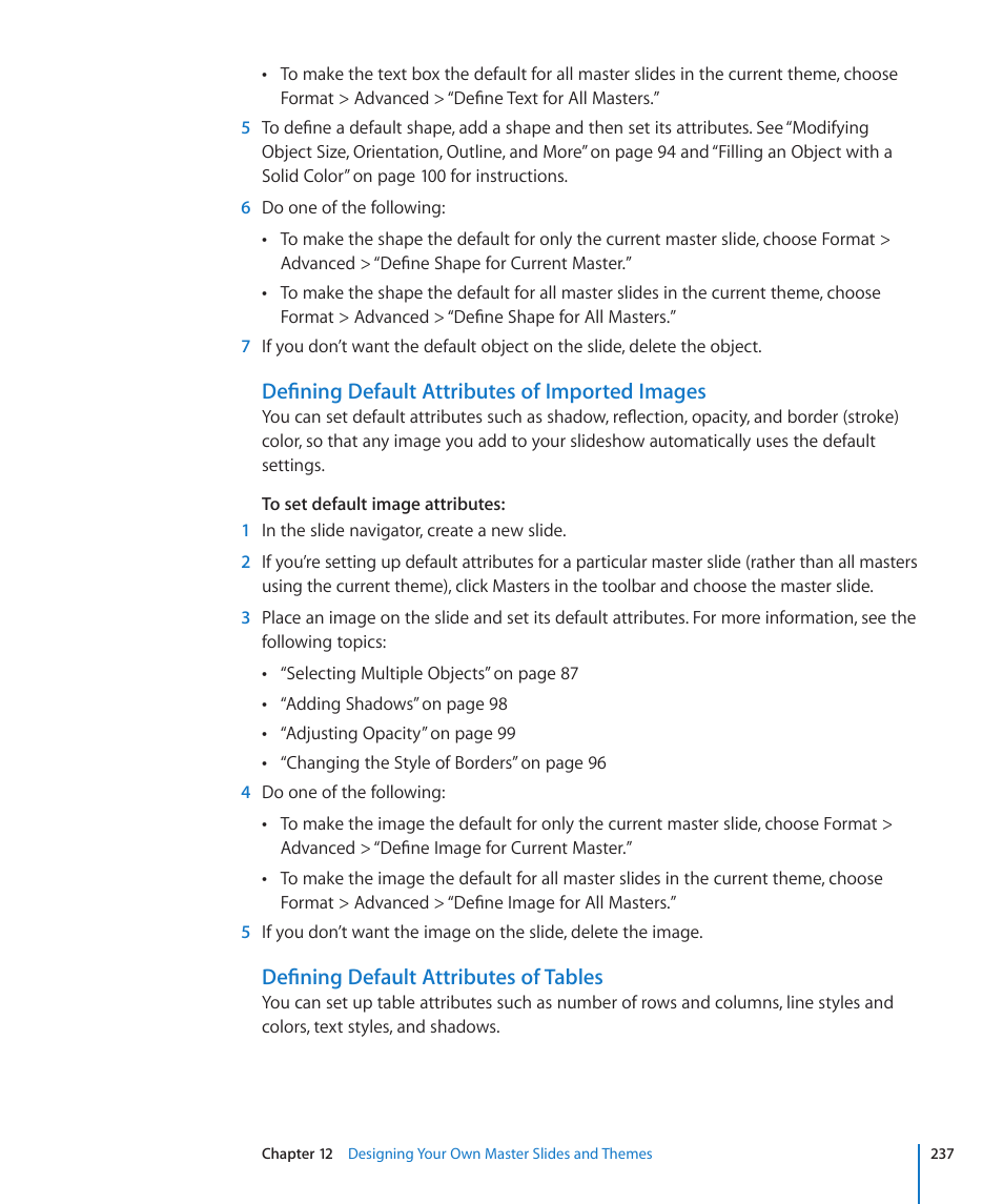 Defining default attributes of imported images, Defining default attributes of tables | Apple Keynote '09 User Manual | Page 237 / 247