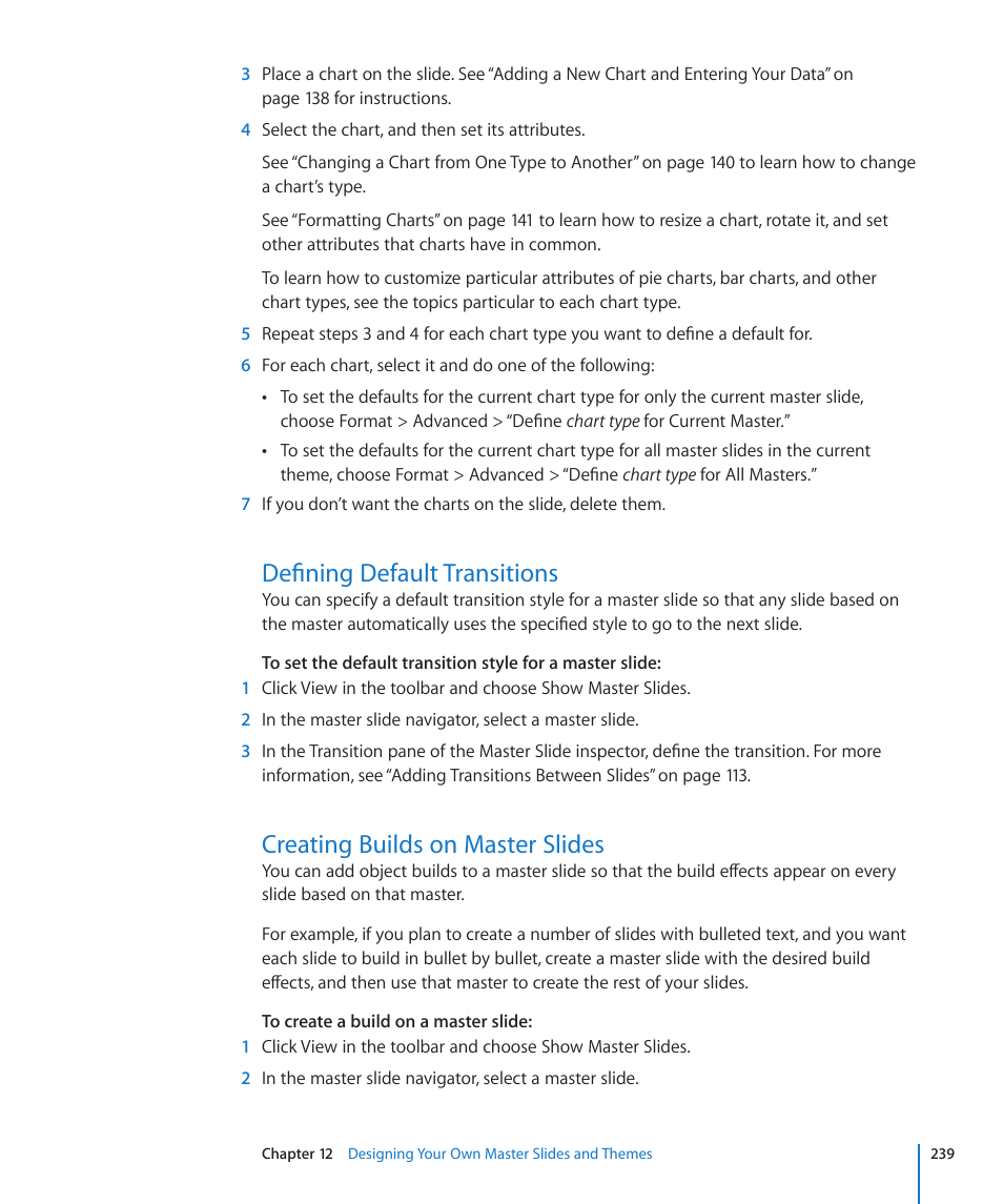 Defining default transitions, Creating builds on master slides | Apple Keynote '09 User Manual | Page 239 / 247