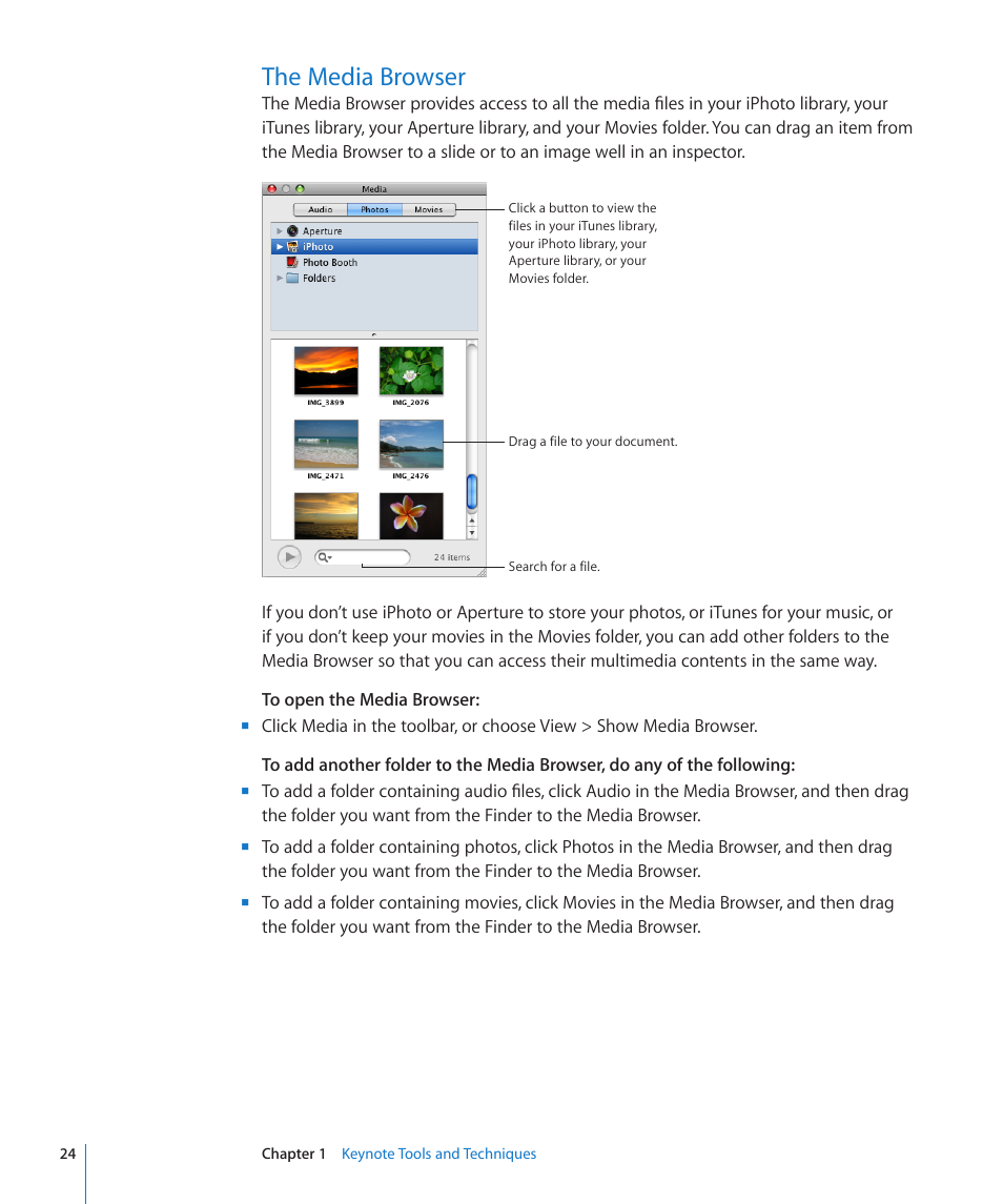 The media browser, 24 the media browser | Apple Keynote '09 User Manual | Page 24 / 247