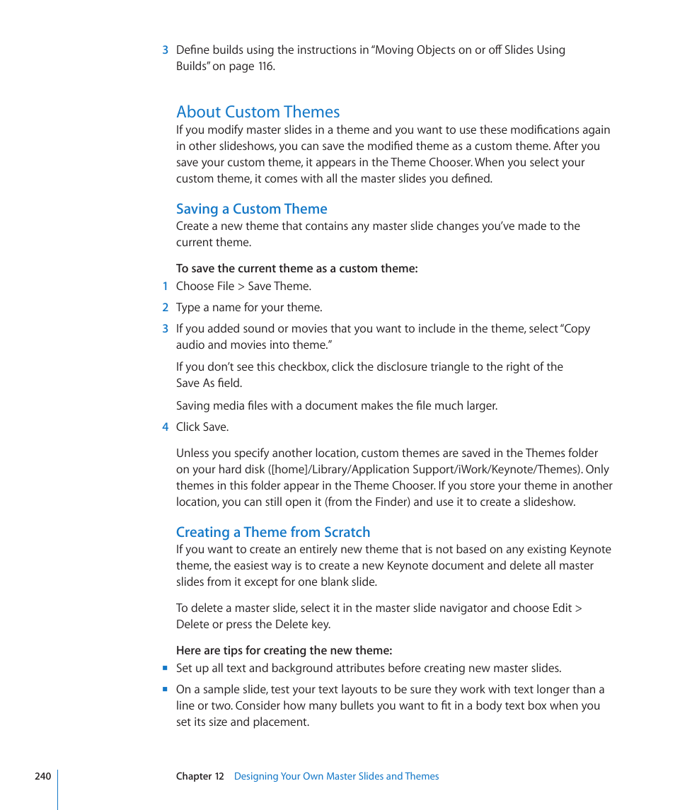 About custom themes, Saving a custom theme, Creating a theme from scratch | 240 about custom themes 240 | Apple Keynote '09 User Manual | Page 240 / 247