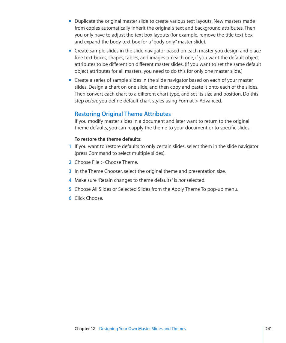 Restoring original theme attributes | Apple Keynote '09 User Manual | Page 241 / 247