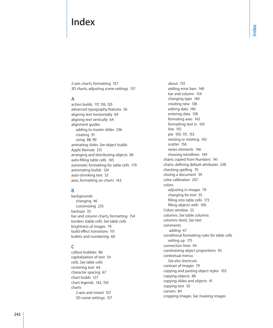 Index | Apple Keynote '09 User Manual | Page 242 / 247