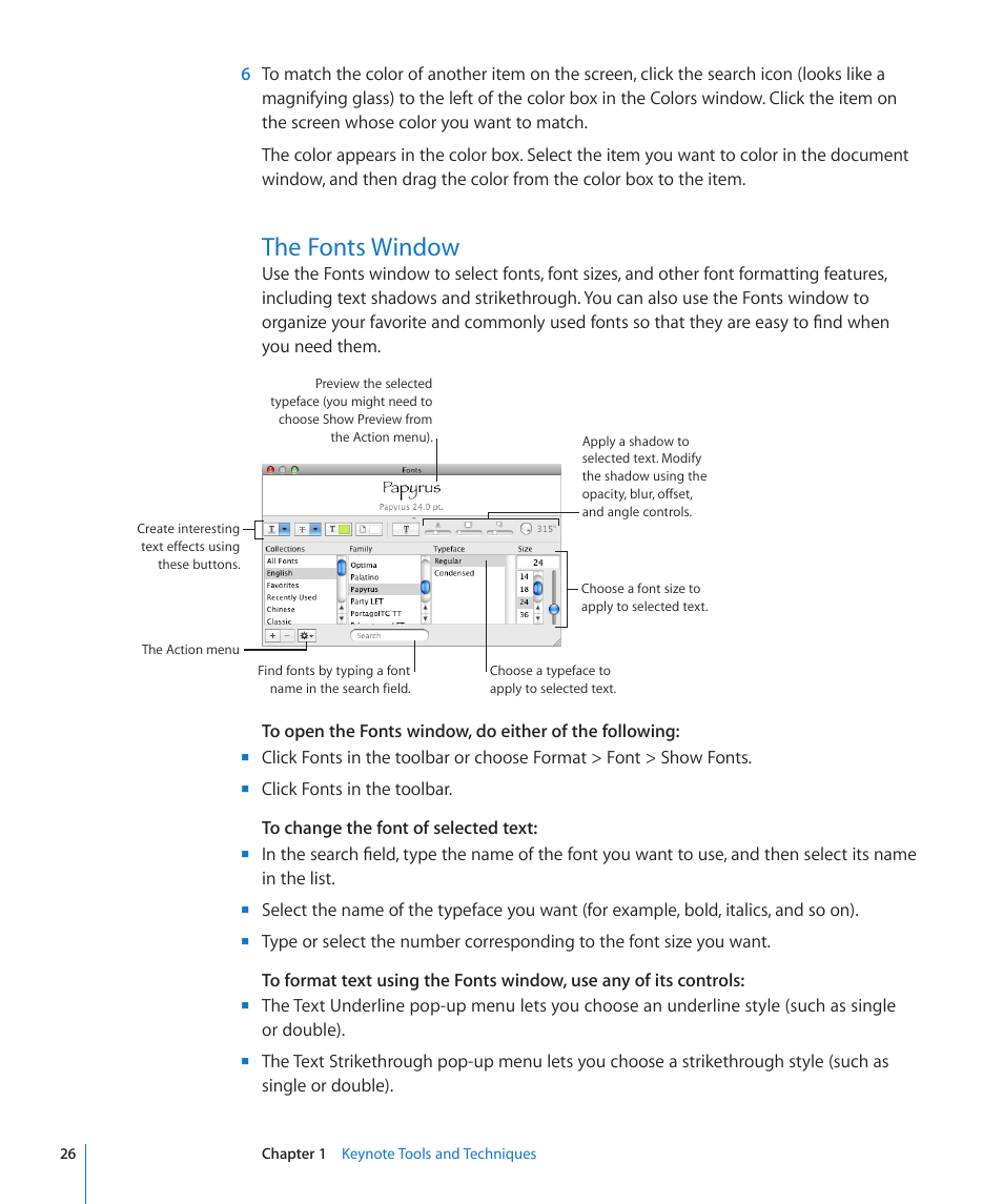 The fonts window, 26 the fonts window | Apple Keynote '09 User Manual | Page 26 / 247