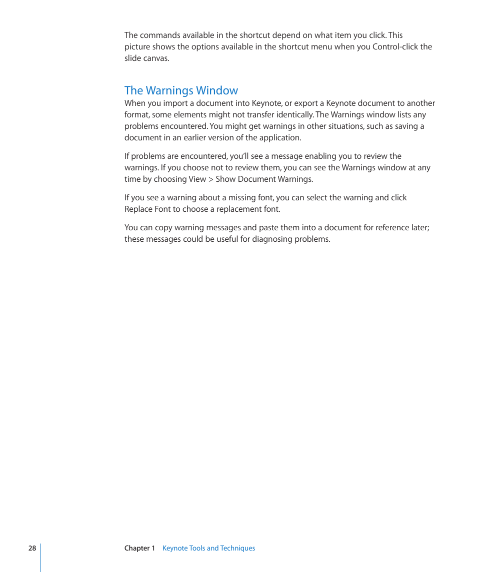 The warnings window, 28 the warnings window | Apple Keynote '09 User Manual | Page 28 / 247