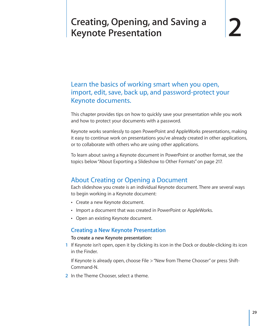 About creating or opening a document, Creating a new keynote presentation, 29 about creating or opening a document 29 | Apple Keynote '09 User Manual | Page 29 / 247