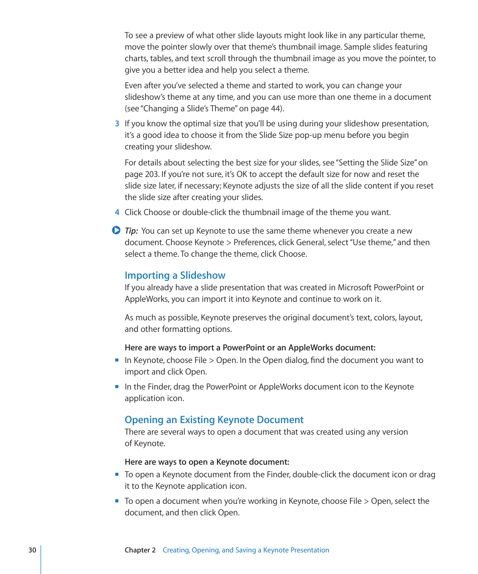 Importing a slideshow, Opening an existing keynote document | Apple Keynote '09 User Manual | Page 30 / 247