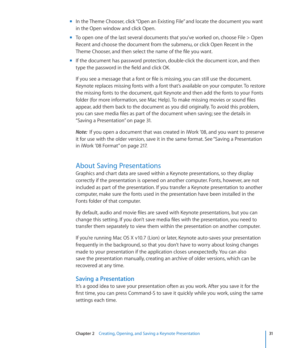 About saving presentations, Saving a presentation | Apple Keynote '09 User Manual | Page 31 / 247