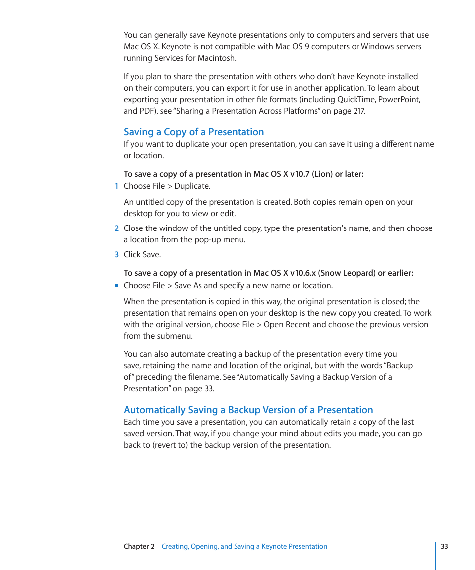 Saving a copy of a presentation | Apple Keynote '09 User Manual | Page 33 / 247