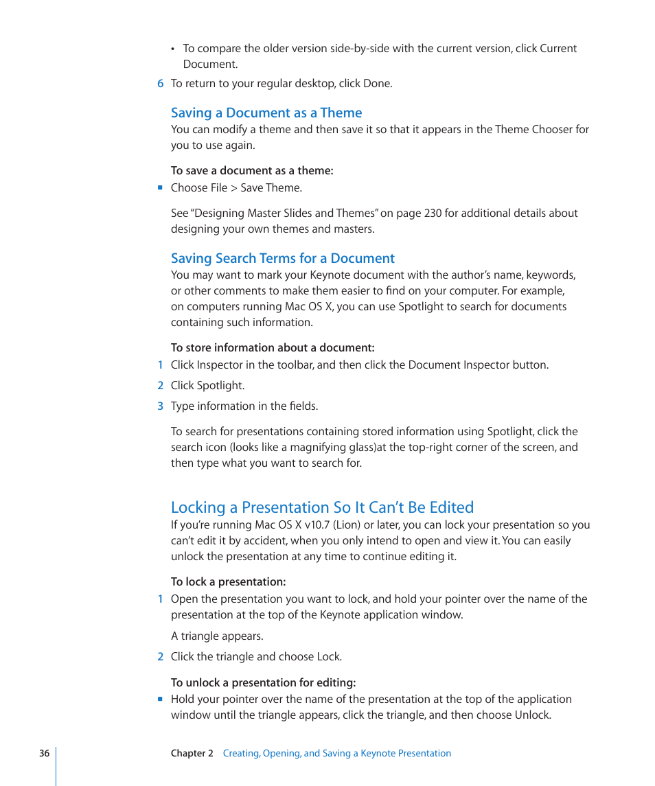 Saving a document as a theme, Saving search terms for a document, Locking a presentation so it can’t be edited | 36 locking a presentation so it can’t be edited | Apple Keynote '09 User Manual | Page 36 / 247