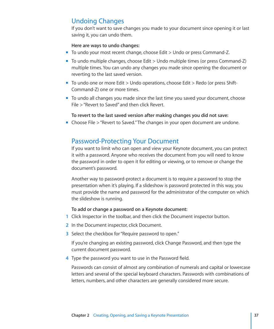 Undoing changes, Password-protecting your document | Apple Keynote '09 User Manual | Page 37 / 247