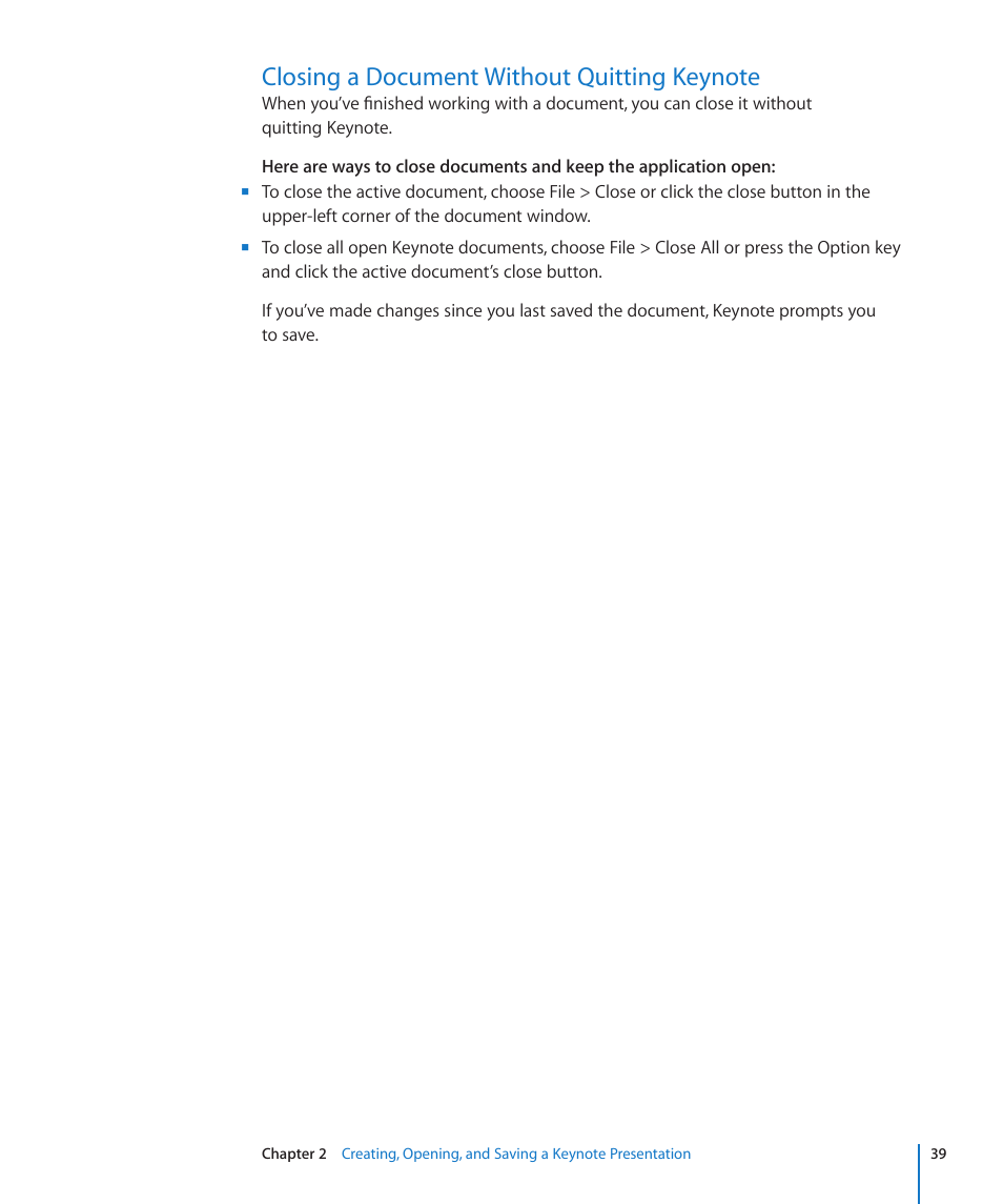 Closing a document without quitting keynote, 39 closing a document without quitting keynote | Apple Keynote '09 User Manual | Page 39 / 247