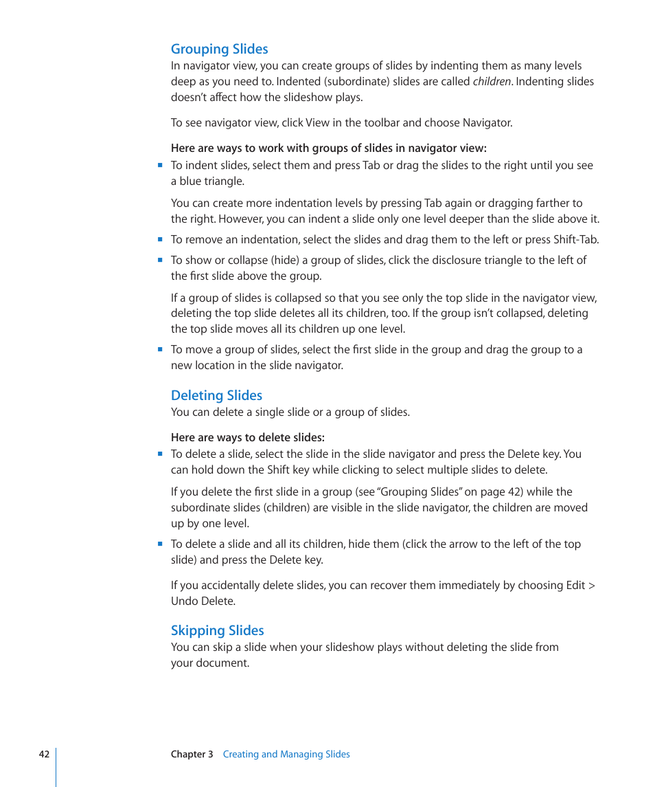 Grouping slides, Deleting slides, Skipping slides | Apple Keynote '09 User Manual | Page 42 / 247