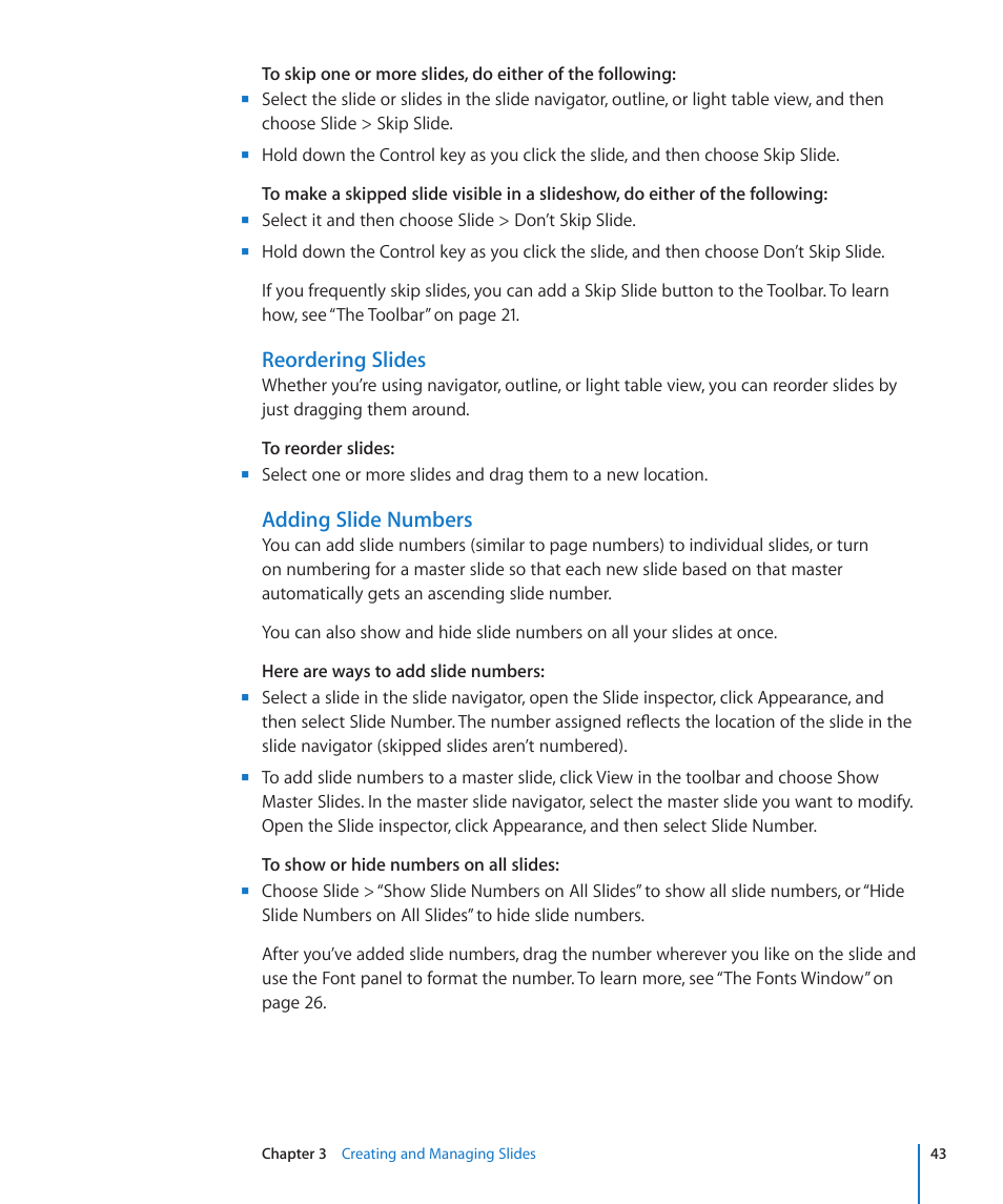 Reordering slides, Adding slide numbers | Apple Keynote '09 User Manual | Page 43 / 247