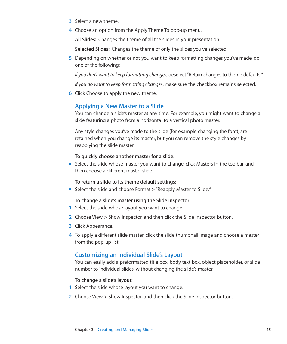 Applying a new master to a slide, Customizing an individual slide’s layout | Apple Keynote '09 User Manual | Page 45 / 247
