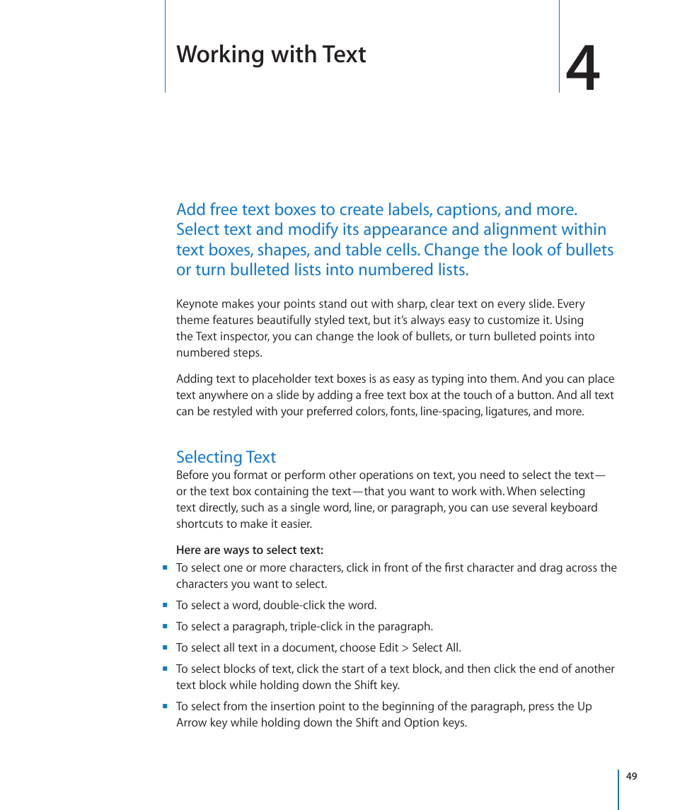 Chapter 4: working with text, Selecting text, Chapter 4: working with text | 49 selecting text, Working with text | Apple Keynote '09 User Manual | Page 49 / 247