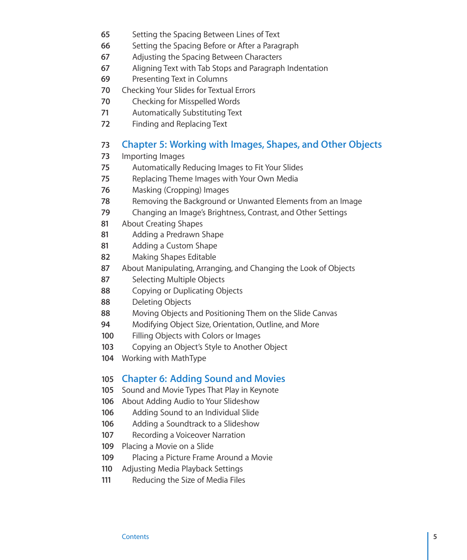Chapter 6: adding sound and movies | Apple Keynote '09 User Manual | Page 5 / 247