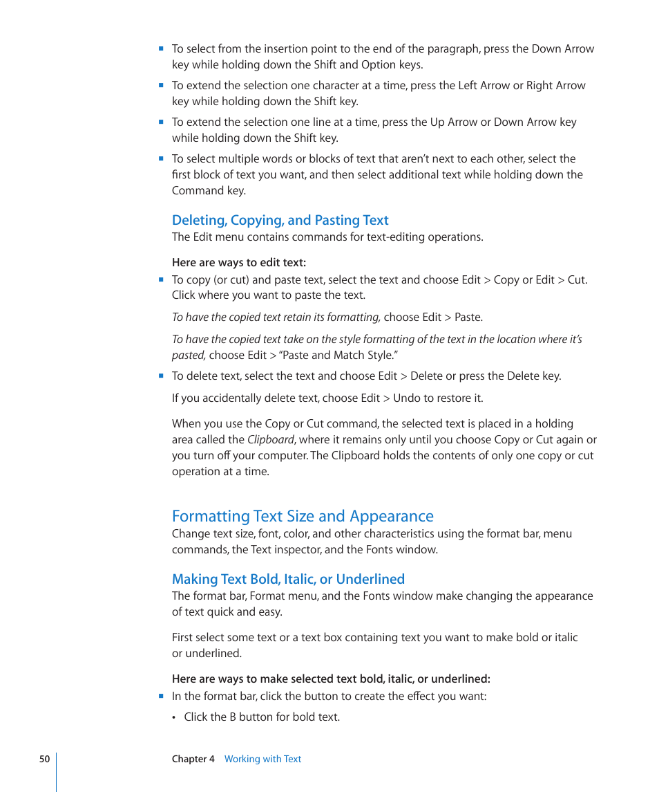 Deleting, copying, and pasting text, Formatting text size and appearance, Making text bold, italic, or underlined | 50 formatting text size and appearance 50 | Apple Keynote '09 User Manual | Page 50 / 247