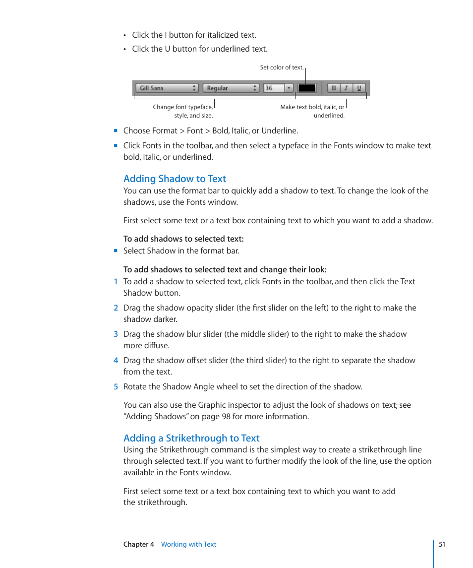 Adding shadow to text, Adding a strikethrough to text | Apple Keynote '09 User Manual | Page 51 / 247