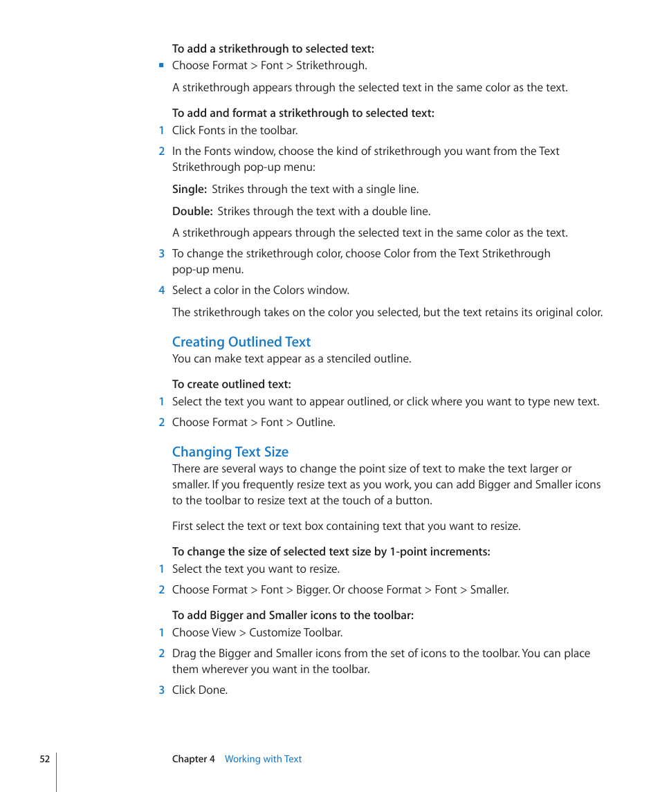 Creating outlined text, Changing text size, 52 and | Apple Keynote '09 User Manual | Page 52 / 247