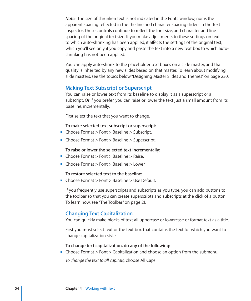 Making text subscript or superscript, Changing text capitalization | Apple Keynote '09 User Manual | Page 54 / 247